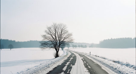 Winter landscape with a road and a tree in the middle of the roadの素材
