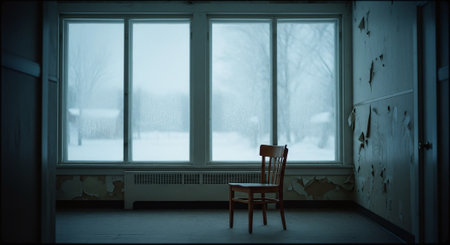 Interior of a room with a large window and a wooden chairの素材