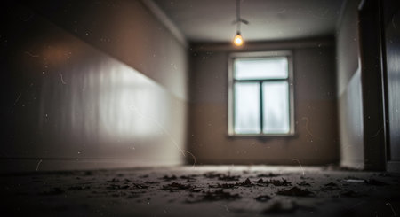 Abandoned building interior with window and floor. Selective focusの素材