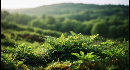 Green fern growing on the top of a hill in the mountainsの素材