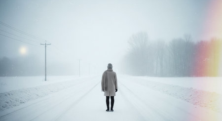 Young woman standing on a snowy road and looking at the road.の素材