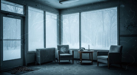 Interior of an old abandoned house with broken windows and a chairの素材