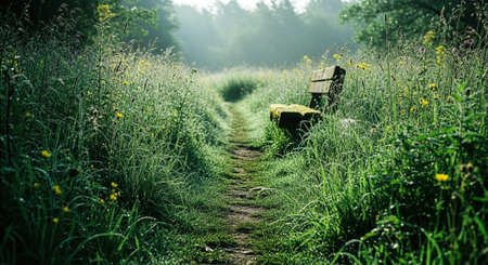 Wooden bench in the meadow in the morning. Landscapeの素材