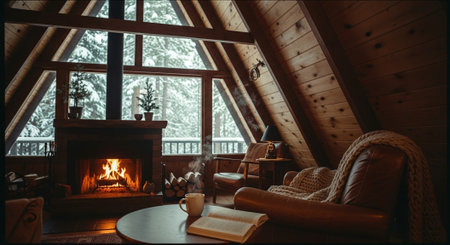 Interior of a rustic wooden house with fireplace, armchair and bookの素材