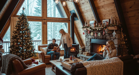Couple in love sitting on the sofa near the fireplace in the room decorated for Christmasの素材