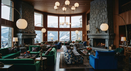 Interior of a hotel room with a view of the mountains.の素材