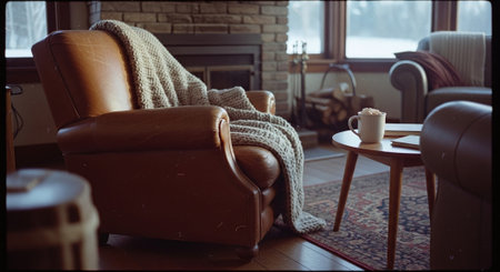 Cozy living room with armchair, coffee table and knitted blanketの素材