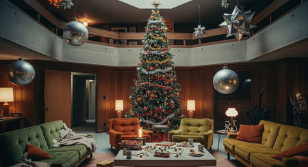 Christmas living room interior with christmas tree and presents. 3d renderingの素材