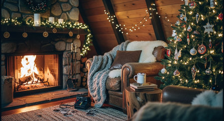 Cozy living room with fireplace and christmas tree. Cozy living room with Christmas tree.の素材