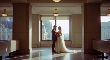 Wedding couple standing in the hall and looking at the cityの素材