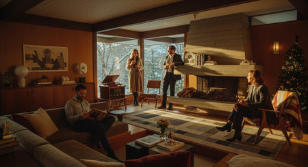 Group of friends in living room at home, talking and drinking coffeeの素材