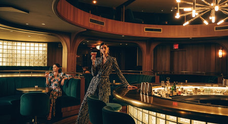 Two beautiful young women in elegant evening dresses drinking wine in a restaurant.の素材