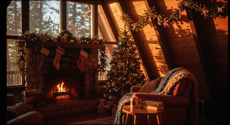Interior of a cozy house with fireplace, Christmas tree and Christmas decorationsの素材
