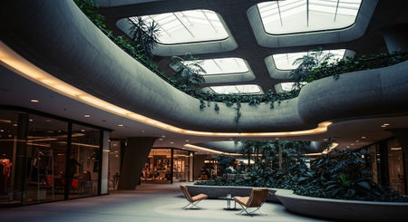 Interior of a modern office building with green plants in the foregroundの素材
