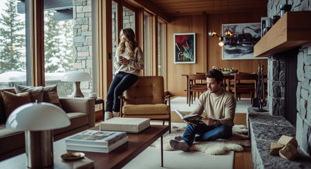 Young couple sitting on the floor and reading a book at home.の素材