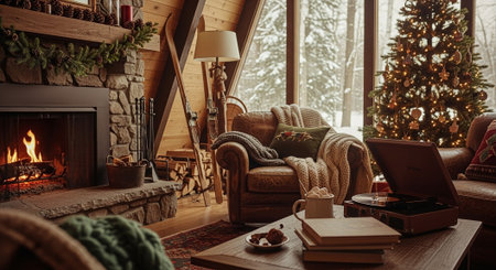 Cozy living room with Christmas tree, fireplace and comfortable armchairの素材