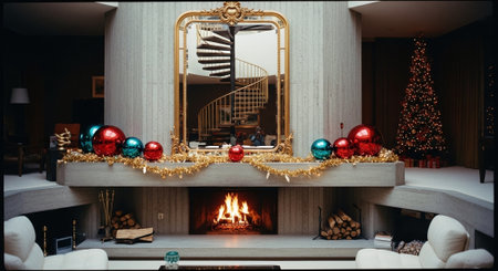 Fireplace with christmas tree and decorations in the living room.の素材