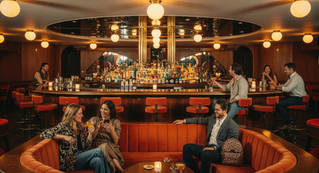Group of friends having a drink in a bar, drinking beer and talkingの素材