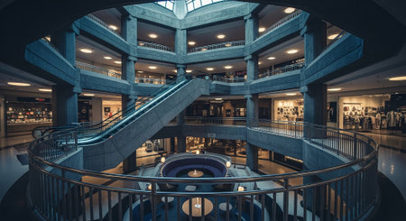 Interior of a shopping mall with stairs leading to the second floorの素材