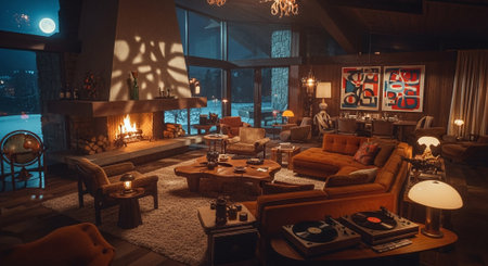 Interior view of a modern living room with a fireplace and a sofaの素材