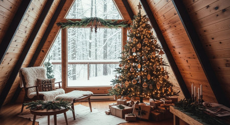Christmas tree with presents in the attic of a wooden house in winterの素材