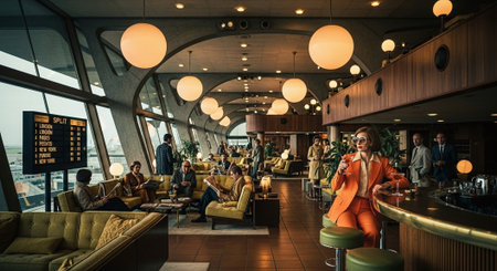 Beautiful young woman in orange dress and sunglasses sitting in cafe with people on backgroundの素材