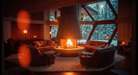 Interior of a cozy house in the mountains. The living room is decorated in the style of a chalet.の素材