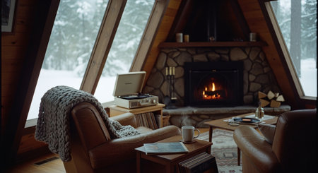 Interior of a country house on a winter day with a fireplaceの素材