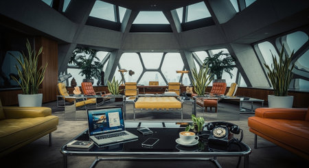 Interior of a modern office with a glass wall and a coffee tableの素材