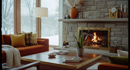 Cozy living room with fireplace, sofa, coffee cup, books and decorationsの素材