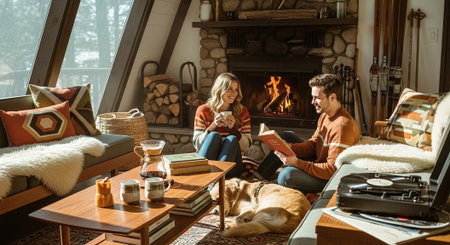 Young couple reading a book while sitting by the fireplace at home.の素材