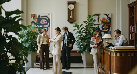 Group of business people having a meeting in a lobby of a hotelの素材