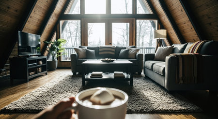 Cup of coffee in cozy living room with wooden walls and floorの素材