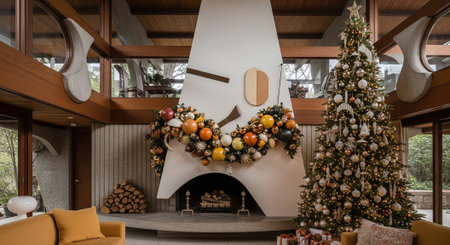 Christmas tree and fireplace in the living room of a modern house.の素材