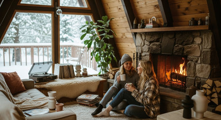 Couple sitting on the floor in front of fireplace and drinking coffee.の素材