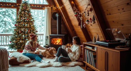 Couple in warm clothes sitting on the floor near the fireplace in the house decorated for Christmas and New Yearの素材