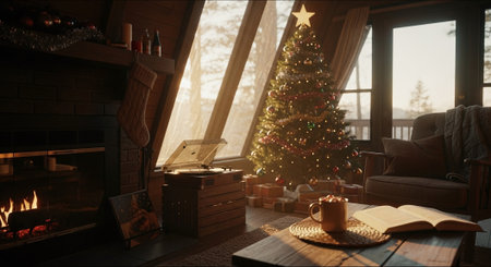 Cozy living room with christmas tree and fireplace. 3d renderの素材