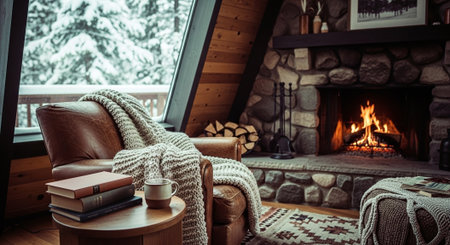 Cozy living room interior with fireplace, armchair, books, plaid and knitted plaid. Winter season.の素材