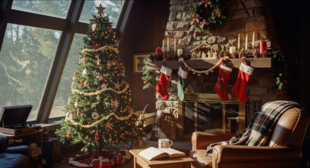 Interior of cozy living room with decorated Christmas tree, fireplace and armchairの素材