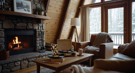 Interior of cozy living room with fireplace, armchair, coffee table and booksの素材