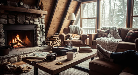 Cozy living room with fireplace, coffee cup and blanket on the floor.の素材