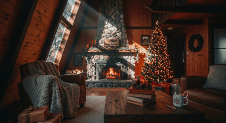 Cozy living room with christmas tree, fireplace and armchairの素材
