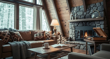 Cozy living room with fireplace, comfortable sofa, coffee table and book on the windowsillの素材