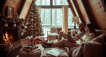 Beautiful young couple sitting on the couch in front of the fireplace and reading a bookの素材