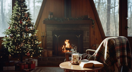 Cup of hot drink and book in cozy living room with Christmas tree on backgroundの素材