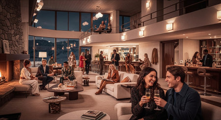 Young couple drinking champagne and having fun at a restaurant in the eveningの素材