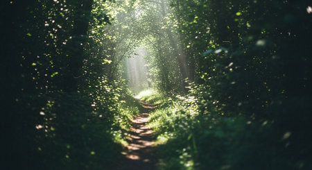 Pathway through the forest in the rays of the rising sun.の素材