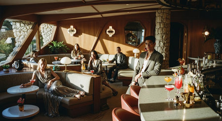 Man and woman sitting at the table in a restaurant, talking.の素材