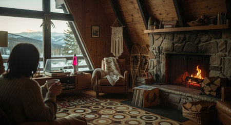 Young woman sitting by the fireplace in her cozy home. Winter evening.の素材