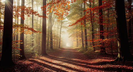 Autumnal forest with fog and sunbeams in the morningの素材